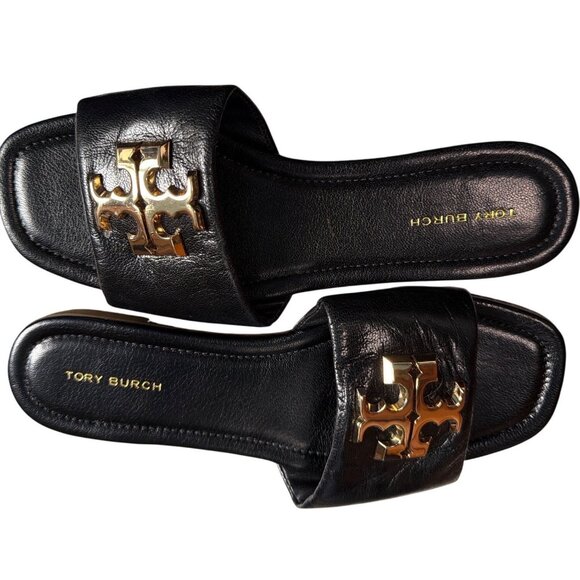 Tory Burch Eleanor Leather Slides Gold Hardware Black Size 6.5 - Picture 13 of 16